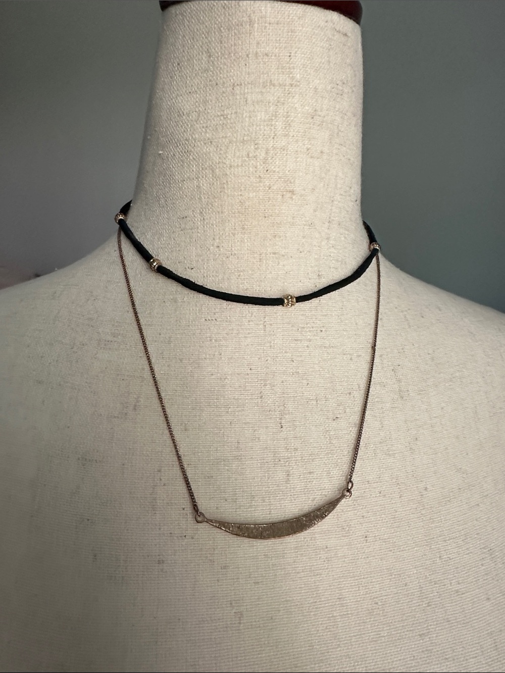 Layered Black Cord and Gold Crescent Necklace - Women Jewelry